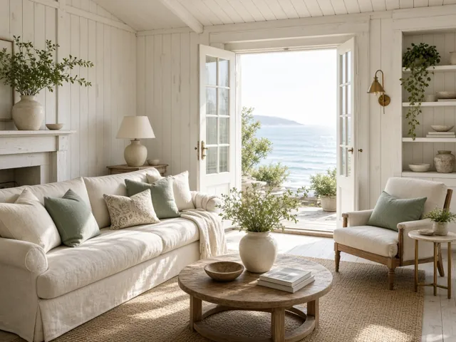 A bright coastal cottage living room opening onto the sea