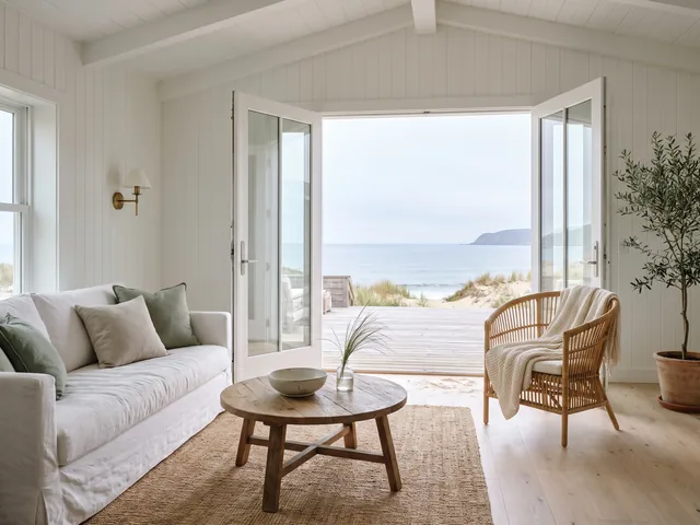 A bright coastal cottage living room opening onto the sea