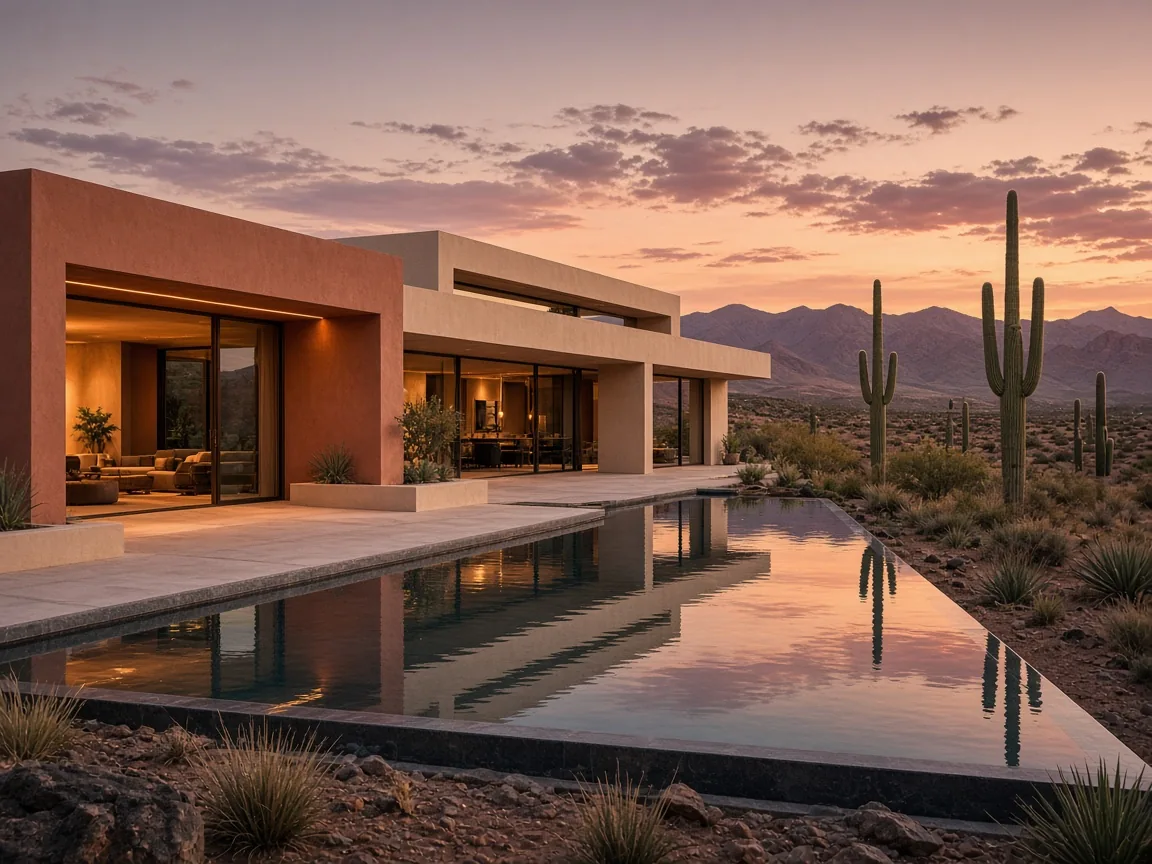 A desert modern home with a pool at dusk