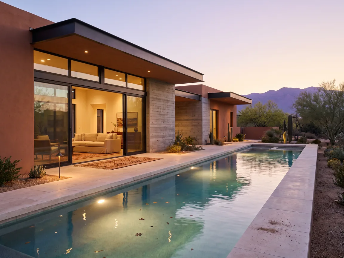A desert modern home with a pool at dusk