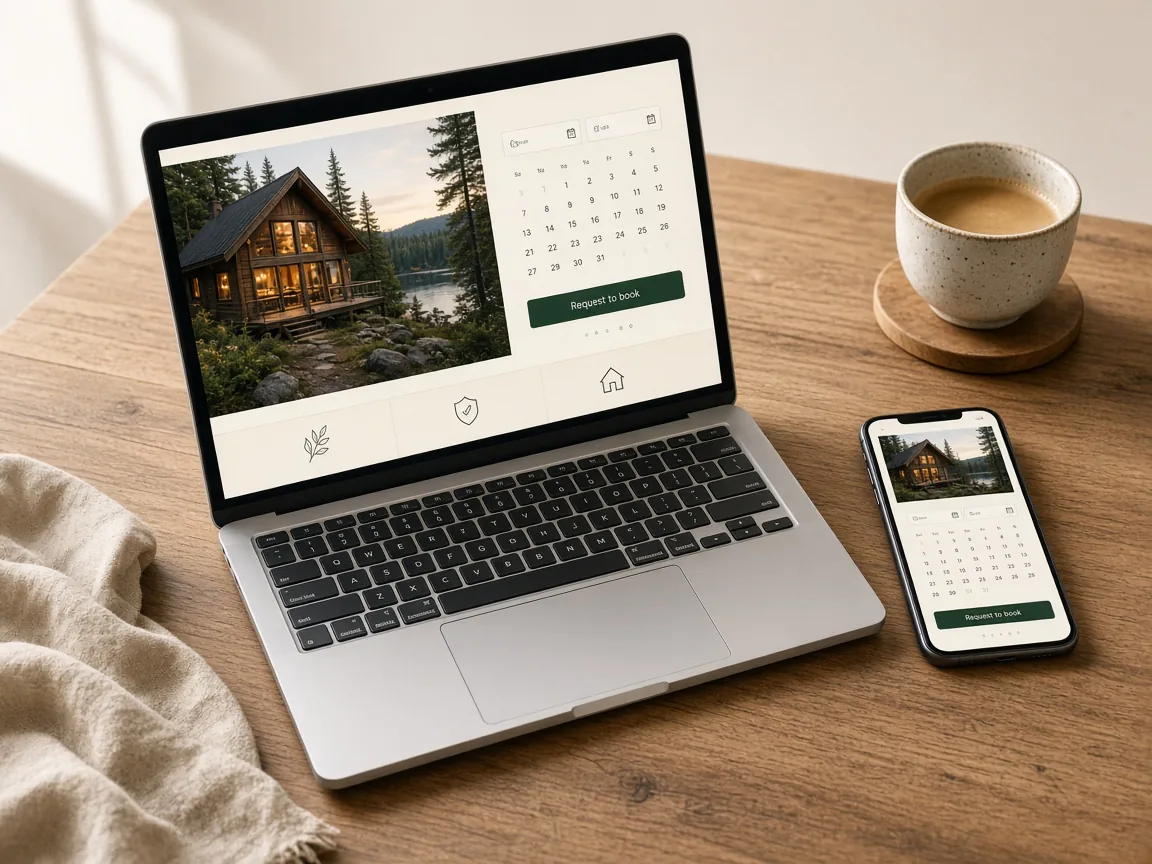 A laptop and phone showing an example vacation-rental booking site with a calendar and a Request to book button