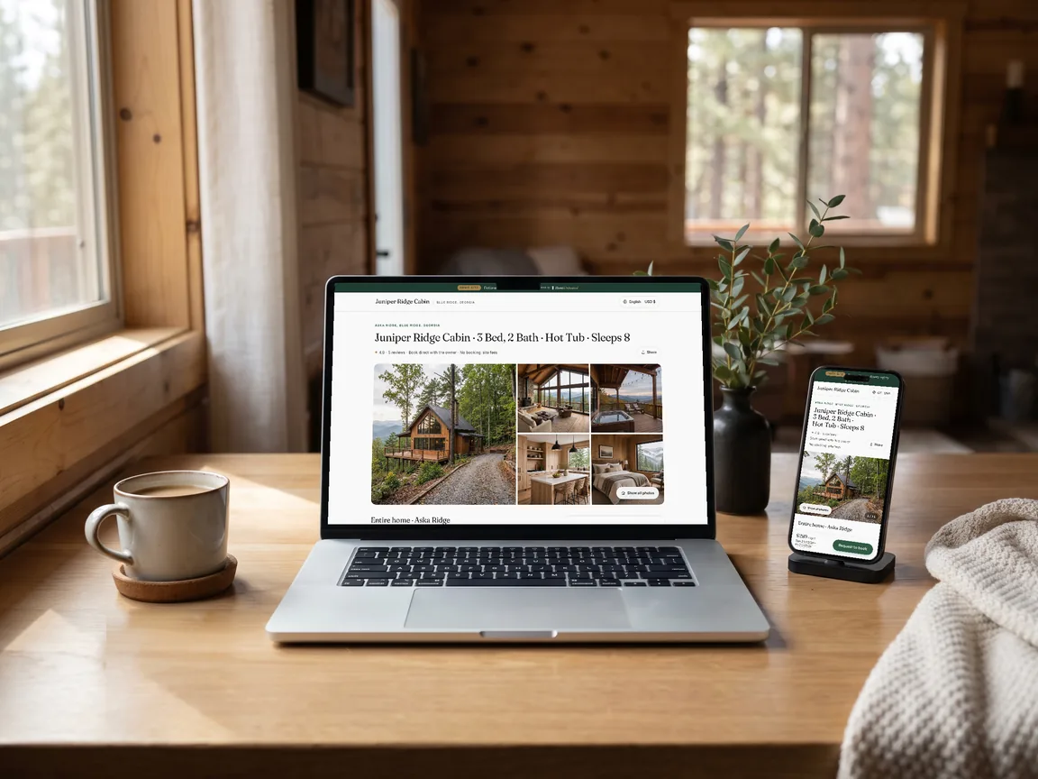A laptop and phone showing an example vacation-rental booking site with a calendar and a Request to book button
