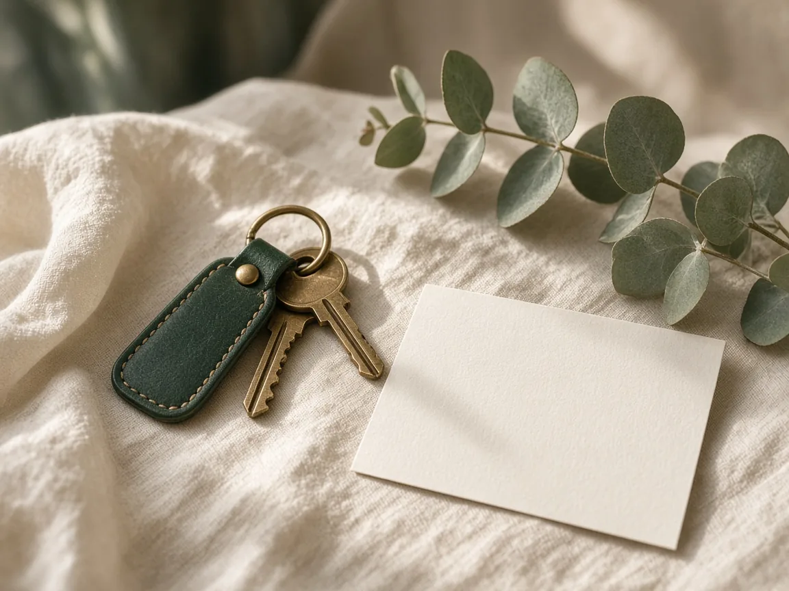 Brass house keys on a green leather tag beside a blank welcome card