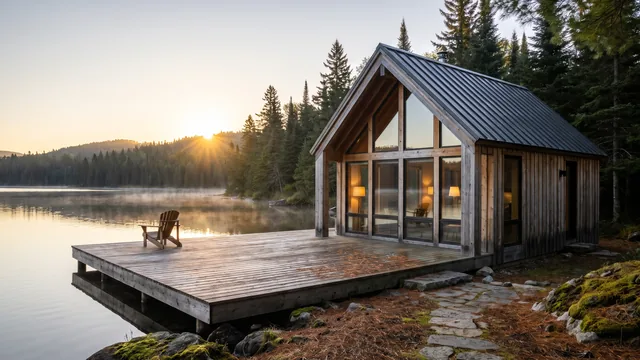 A lake cabin at sunrise
