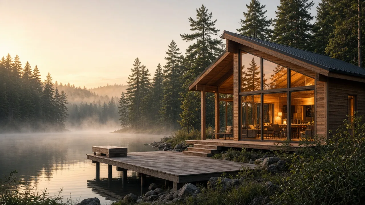 A timber lake cabin with glowing windows and a wooden dock at sunrise